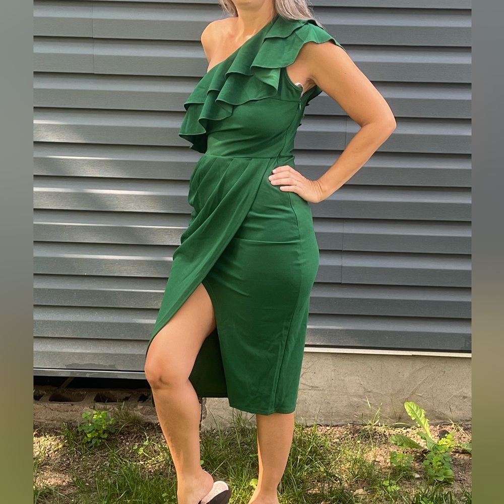 Grace Karin Green One Shoulder Ruched Wrap Dress